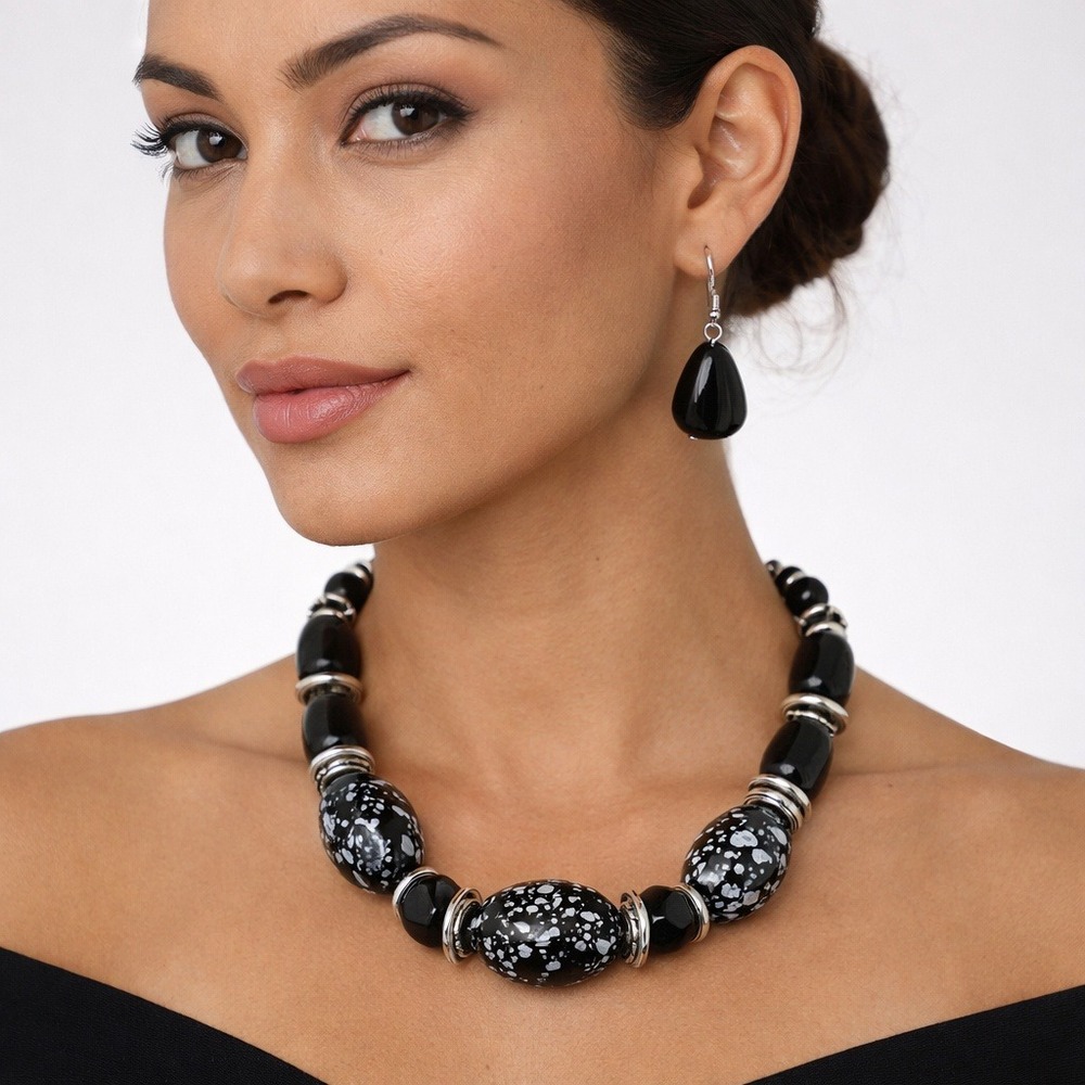 Snowflake Obsidian Bead‎ Necklace Earrings Set Chunky Black Silver Boho